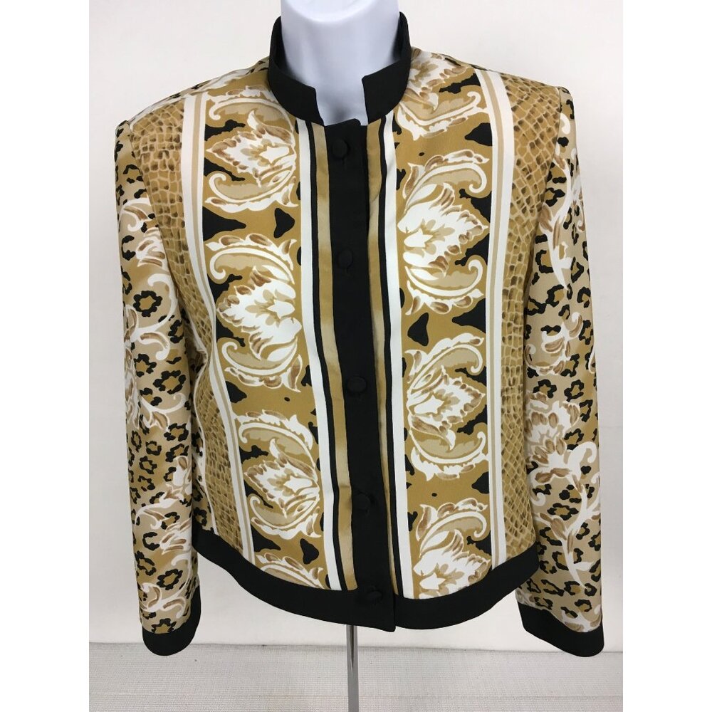 Caron Petite Womens Jacket Size 8 Animal Print Gold  Black Button-Front Lightwei
